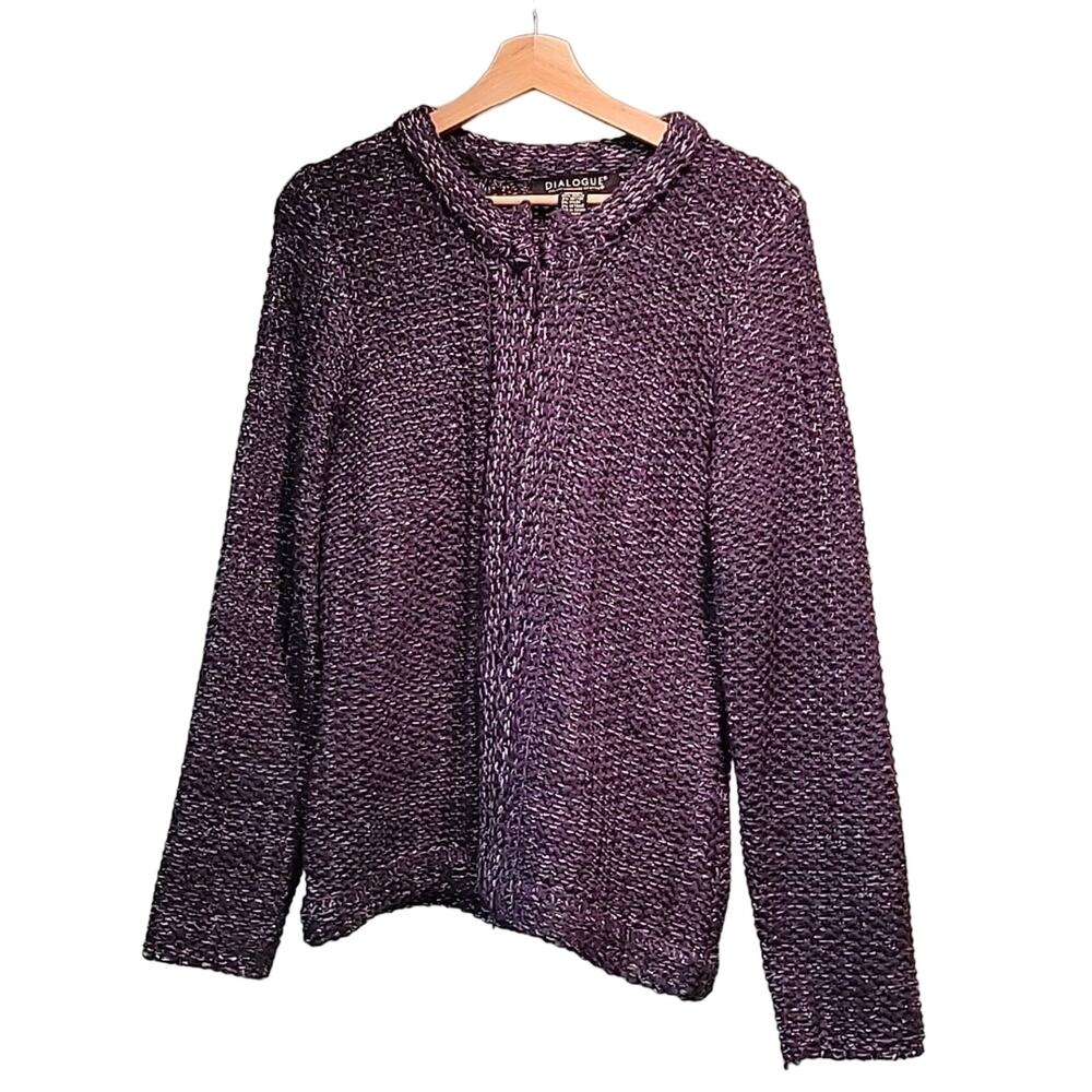 Dialogue Women's Zip Front Cardigan Sweater Medium Chunky Purple Silver Thread
